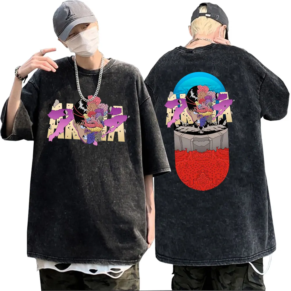 

Anime Neo Tokyo Akira T-shirts Movie Science Fiction Shotaro Kaneda Double Sided Print Tshirt Men Manga Wash Vintage Black Tees