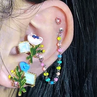 2pc ladies flower stud earring helix tragus conch lobe 16g 20g pierc stainless steel cartilage earrings with chain korea jewelry