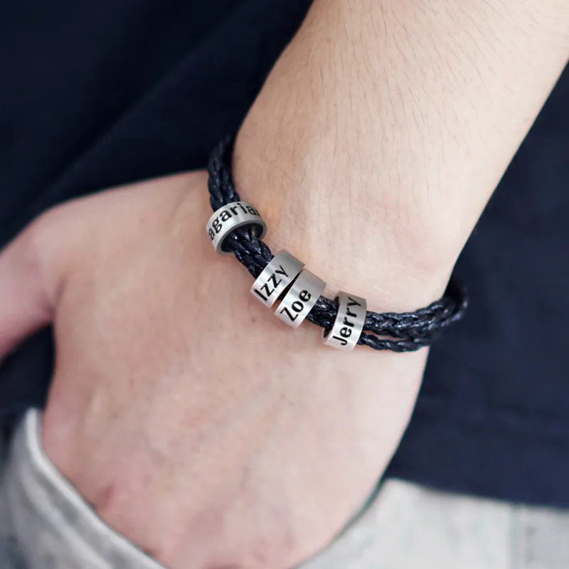 Customized Stainless Steel Mens Leather Bracelet for Father's Day Family Gift Personalized Name Bead Charms Bangle Jewelry