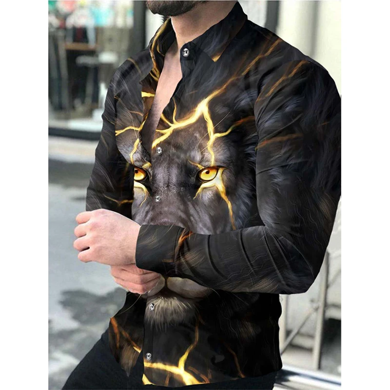 

Autumn Fashion Social Men Shirts Turn-down Collar Buttoned Shirt Casual Lion Print Long Sleeve Tops Men's Clothing Prom Cardigan