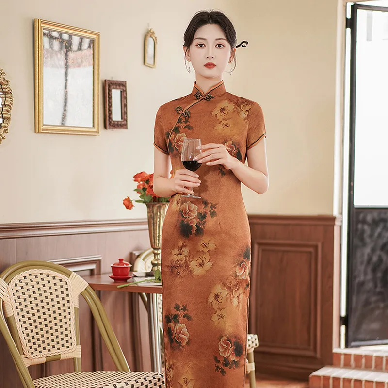 

Женское атласное платье-Ципао, элегантное облегающее платье большого размера с длинной юбкой в китайском стиле для банкета, лето 2023