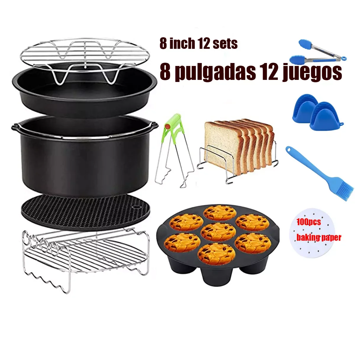 

Air Fryer Accessories 8 Inch Fit for Airfryer 5.2-6.8QT Baking Basket Pizza Plate Grill Pot Kitchen Cooking Tool for Party