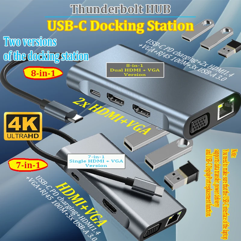 Аксессуары для ноутбуков Thunderbolt HUB USB-C Док-станция 2x HDMI VGA MacBook Air Pro Dell HP Lenovo ThinkPad Asus