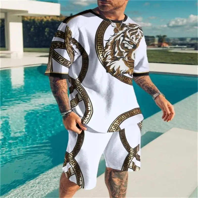 2023 Summer Sports Suit T-shirt Shorts 2-piece Animal Print Suit Sports Suit Oversized Casual Street Wear Men's Suit Street Wear