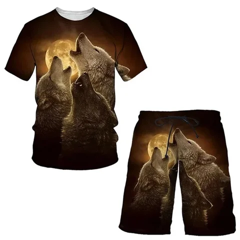 Модный летний мужской комплект из футболки с круглым вырезом, футболка с 3D-принтом лесного волка, шорты, повседневный спортивный костюм унисекс с коротким рукавом