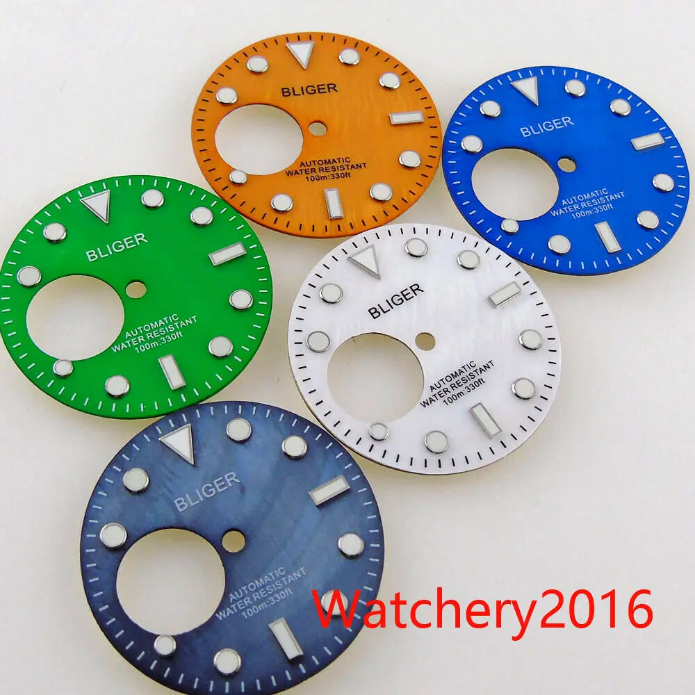 

29mm Bliger Blue Green Watch Dial Luminous Fit NH38 Automatic Movement Model Without logo Shell Green Luminous Marks Dials