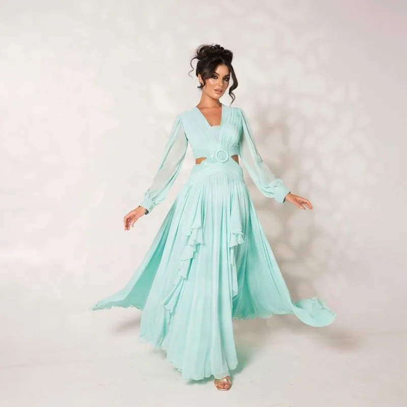

Modern Mint Green Long Chiffon Women Maxi Gowns To Party See Thru Puff Sleeves Open Bach Fashion Formal Party Dress