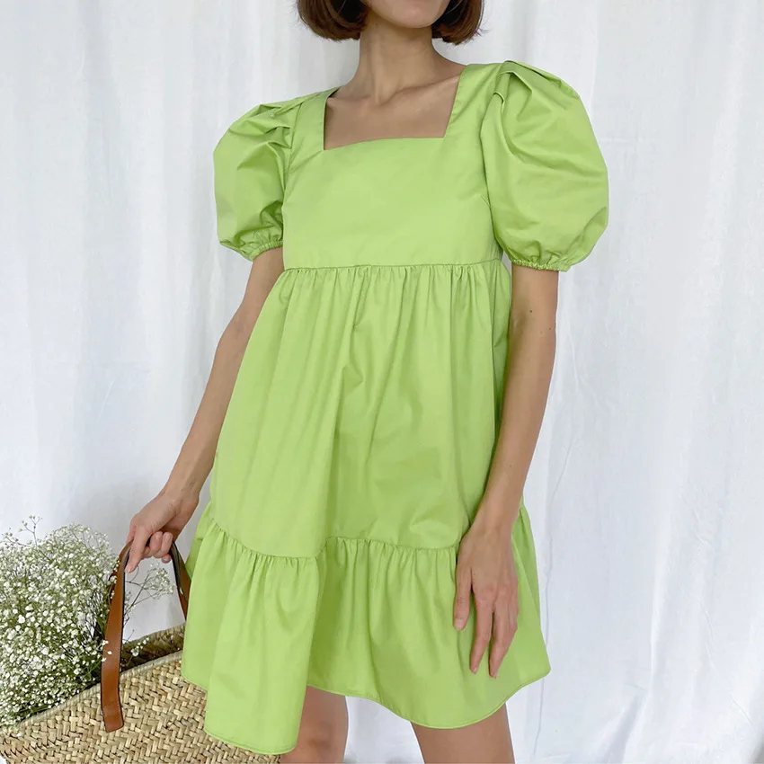 

LEXIE ZHANG 2021 SummerNew Fashion Elegant Women's Sexy Backless Short Skirt Bubble Sleeve Square Neck Pleated French Dress