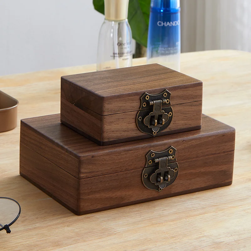 

Ящики для хранения вещей, бытовой ящик для хранения из твердой древесины, черный ореховый органайзер, коробки в стиле ретро, настольные украшения с замком