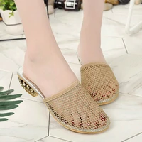 gold sandals women rhinestone hollow half slippers new mid heel mesh designer slides fashion casual size 43 women shoes zapatos