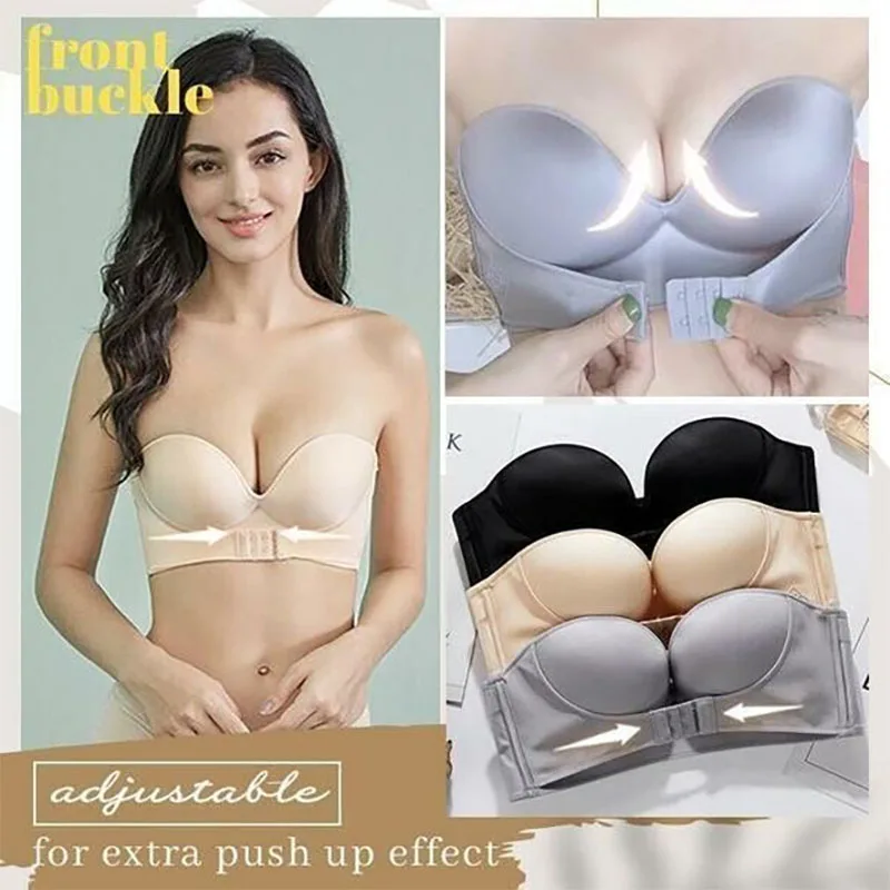 

INVISIBLE STRAPLESS SUPER PUSH UP BRA Front Closure Underwear for Female Brassiere Strapless Seamless Bralette ABC Cup