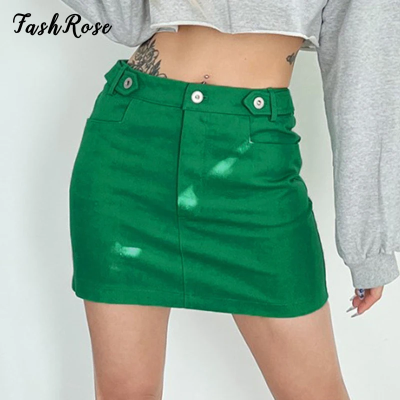 

FASHROSE Green Straight Mini Skirts for Women Solid Bodycon Simple Summer 2022 Clothing Y2K High-waisted Skirt Korean Fashion