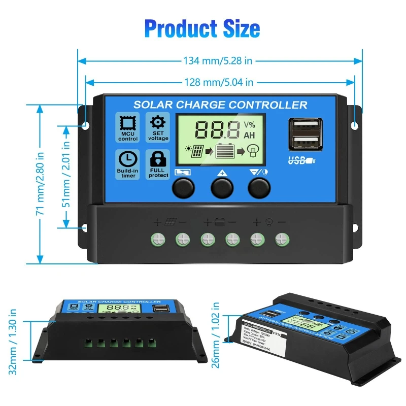10A/20A/30A Solar Charge Controller Dual USB Panel Intelligent Regulator |