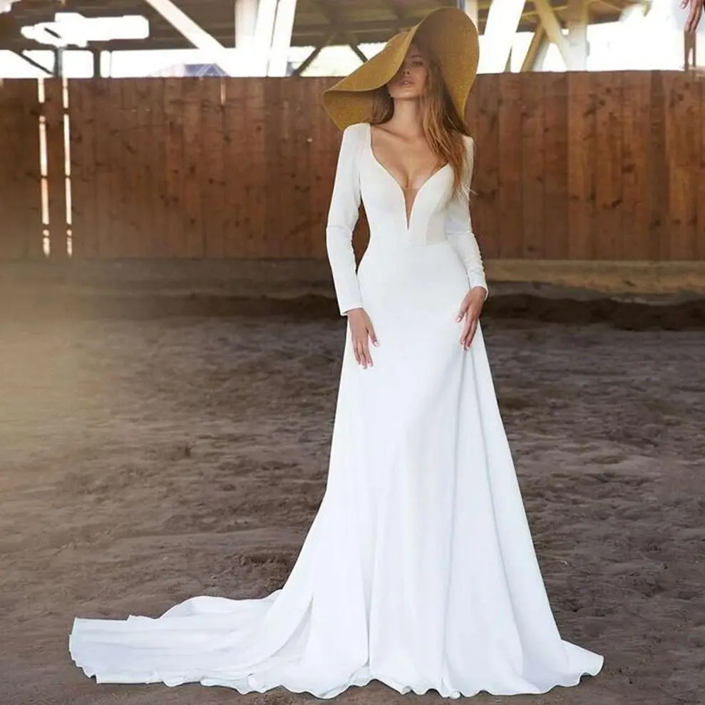 

Simple Long Sleeve Wedding Dresses Sexy Deep V Neck Bridal Gown Backless Sweep Train Civil Robe De Mariee Country Marriage