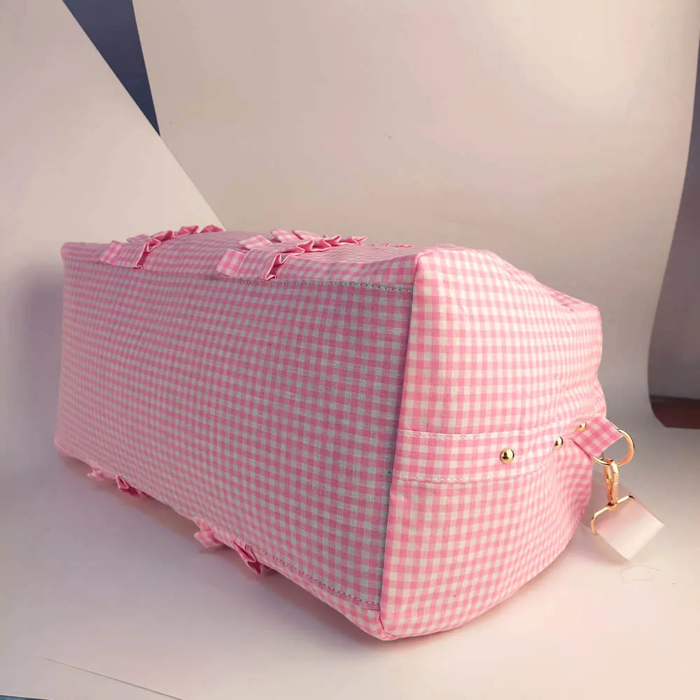 Kid's Ruffle Seersucker Duffel Bag Large Capacity Plaid Dufflebag Overnight Bebe Bag for Shcool Children Weekender Travel Bags