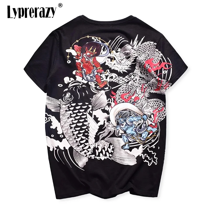 

Lyprerazy японский Харадзюку укиё винтажная вышивка мужская футболка с вышивкой карпа рыбы дракона в китайском стиле футболки с принтом