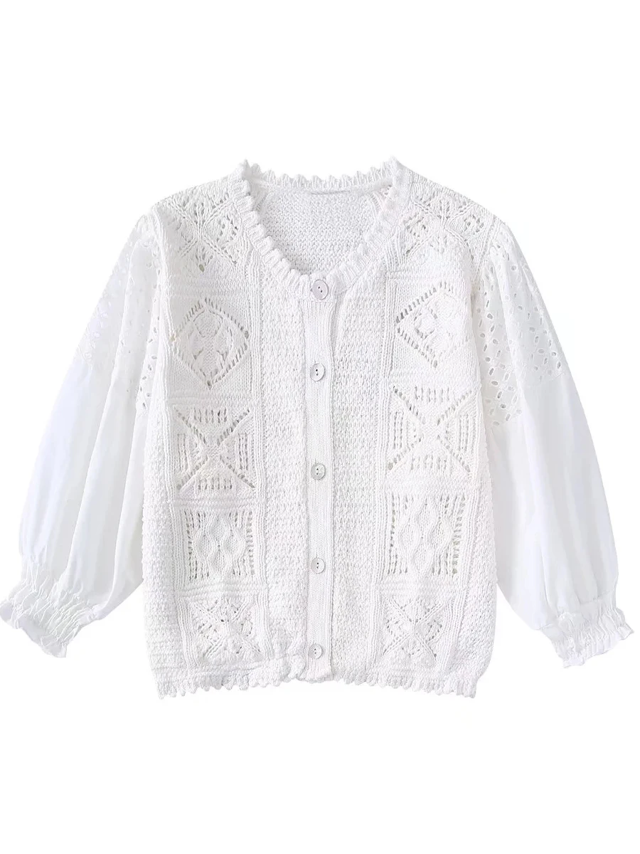 

Fashion Women White Contrast Knit Cardigan 2022 Summer O-Neck Puff Sleeve Elastic Trim Hollow Out Single Breasted Sweater Tops