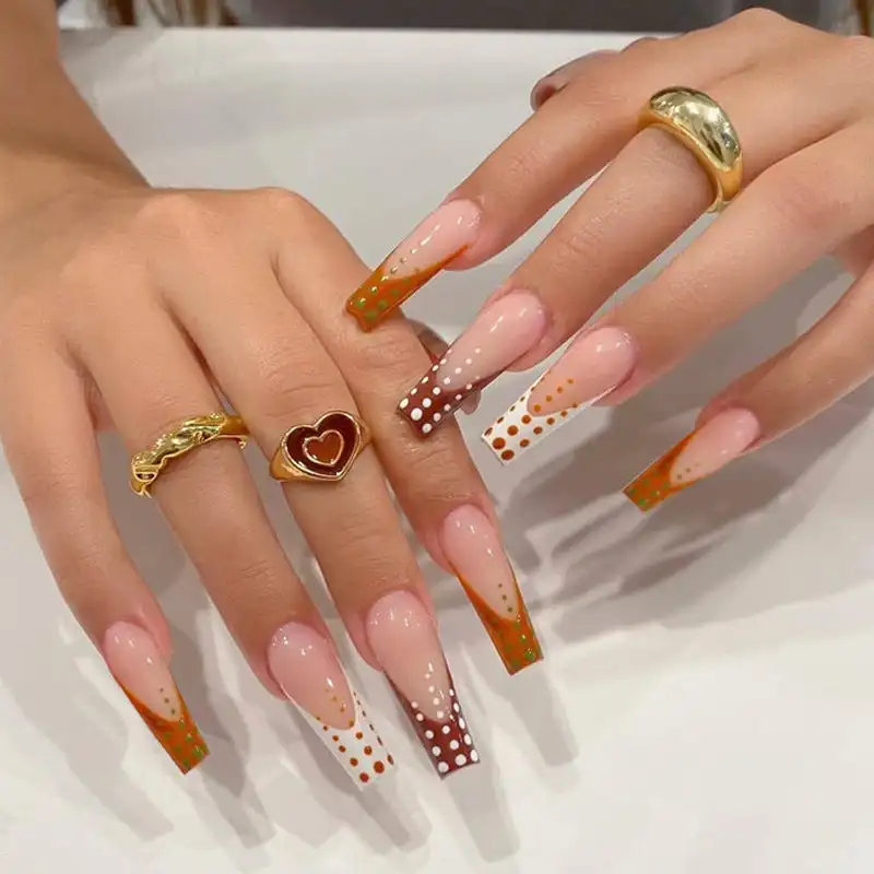 

Amber Mocha French with Wave Dots Coffin Press on Nail