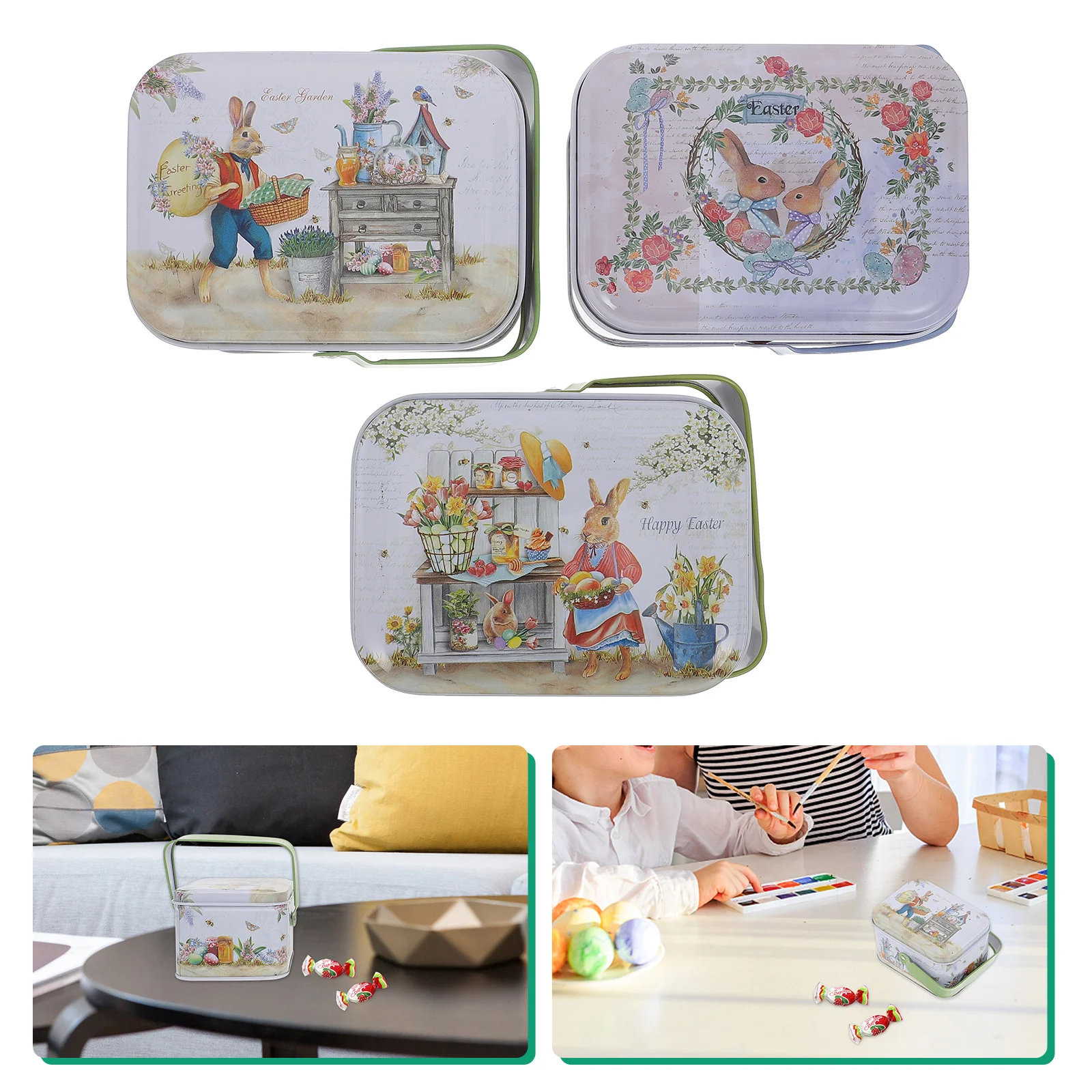 

3 Pcs Cookie Containers Lids Easter Biscuit Tins Candy Gifts Jar Bunny Tinplate Box Tea Pot