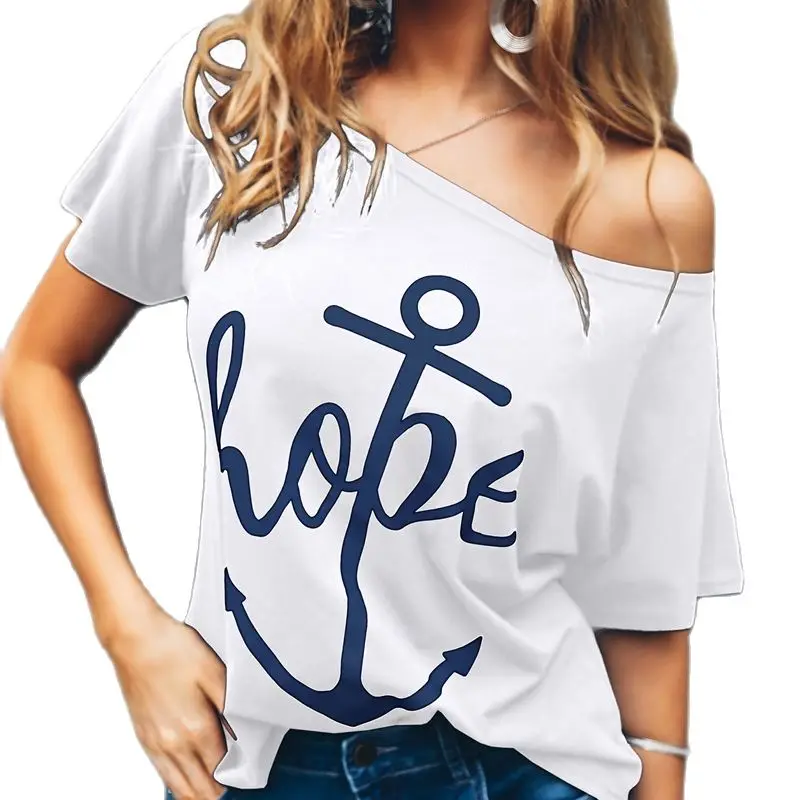 

2022 Pure Color T-shirt Women's Strapless Summer New style Women's Boat Sight Printing Trendy Casual Top
