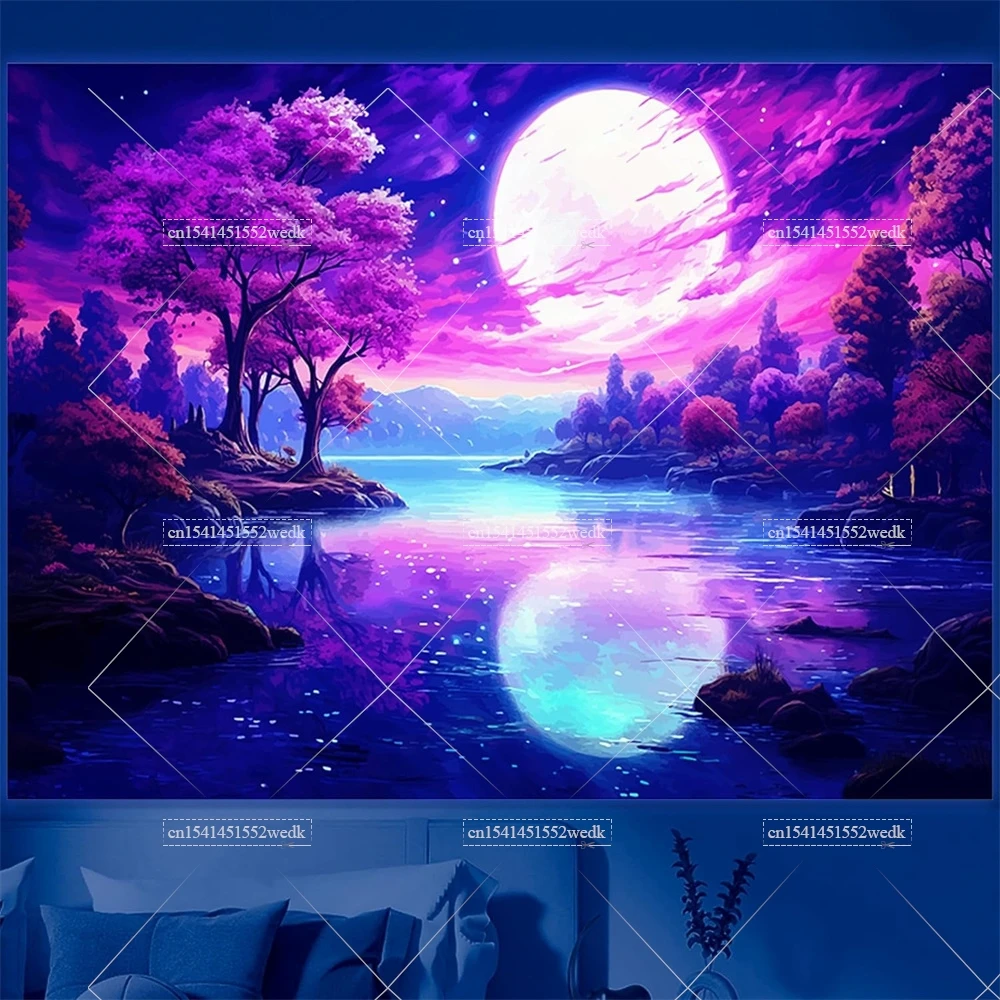 Гобелен с изображением гор Луны черного света УФ-реактивная фотография неоновое