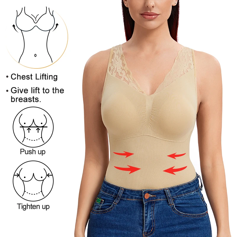 Invisible Shapewear Cami Bodysuit for Women Tummy Control Chest Lifting Body Shaper Lace Camisole Tops Slim Underwear with Pads