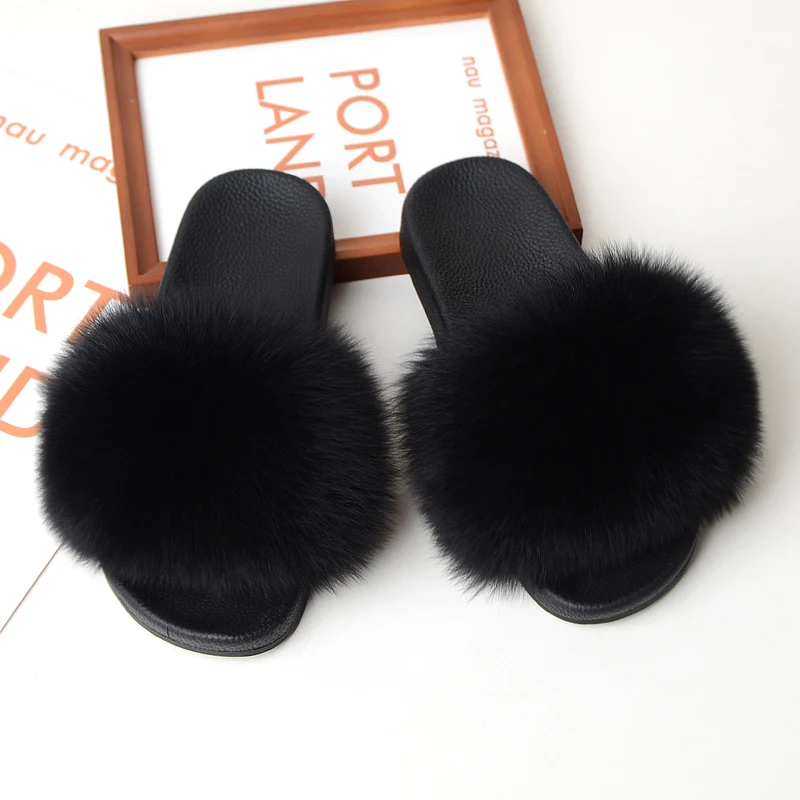 Real Fox Fur Slippers Women Home Fluffy Sliders Comfort Flats Sweet Ladies Shoes Female Furry Indoor Flip with fur