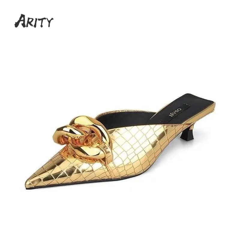 

Golden Pointed Toe Patent Leather Low Heel Slippers Pumps Women Baotou Fashion Spring Soft Leather Ladies Kitten Muller Shoes