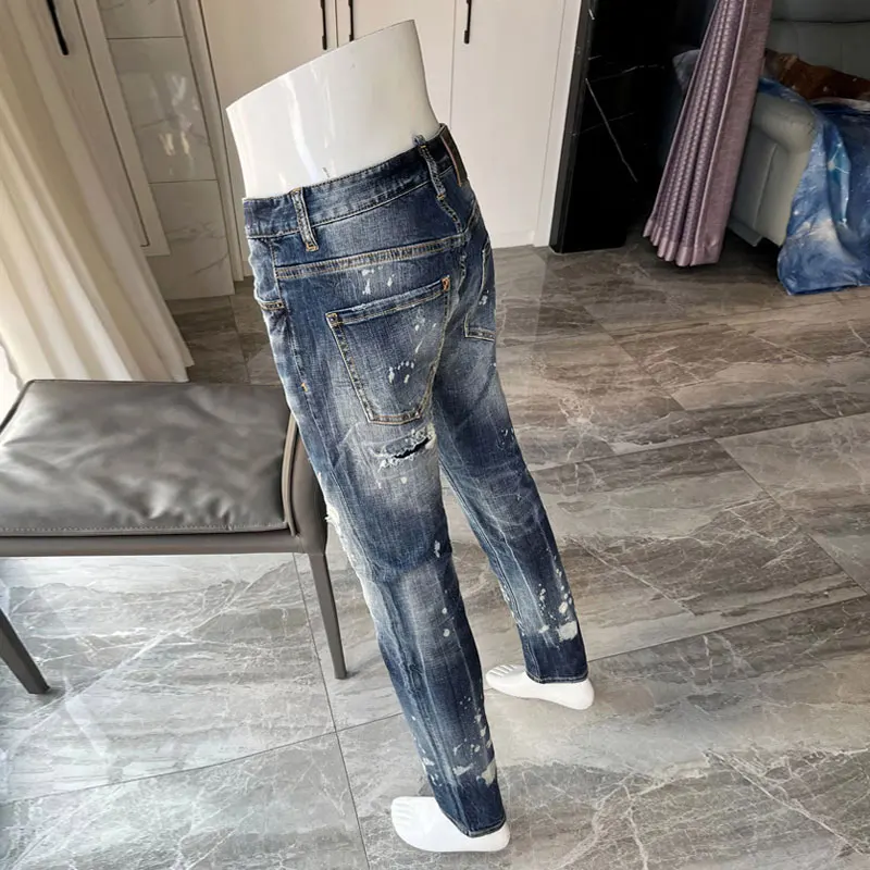 High Street Fashion Men Jeans Retro Blue Elastic Slim Fit Patched Ripped Jeans Men Painted Designer Hip Hop Brand Pants Hombre