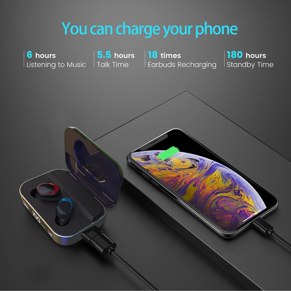 mdug tws s590 d bluetooth headset hifi waterproof digital display wireless earbuds travel sports emergency charging treasure free global shipping