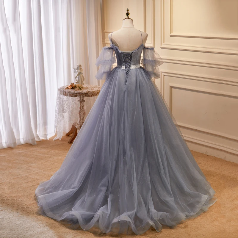 Фото Вечернее платье AnXin SH Princess с серым цветочным кружевом, на тонких бретелях, с бисером и пуговицами, блестящее, на шнуровке, для вечеринок, на заказ №2