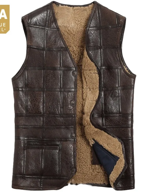 

Sheepskin Autumn Winter Vintage Mens Genuine Leather Vest Man V Neck Plaid Wool Lining Thick Warm Waistcoat Shearling Vests Tops