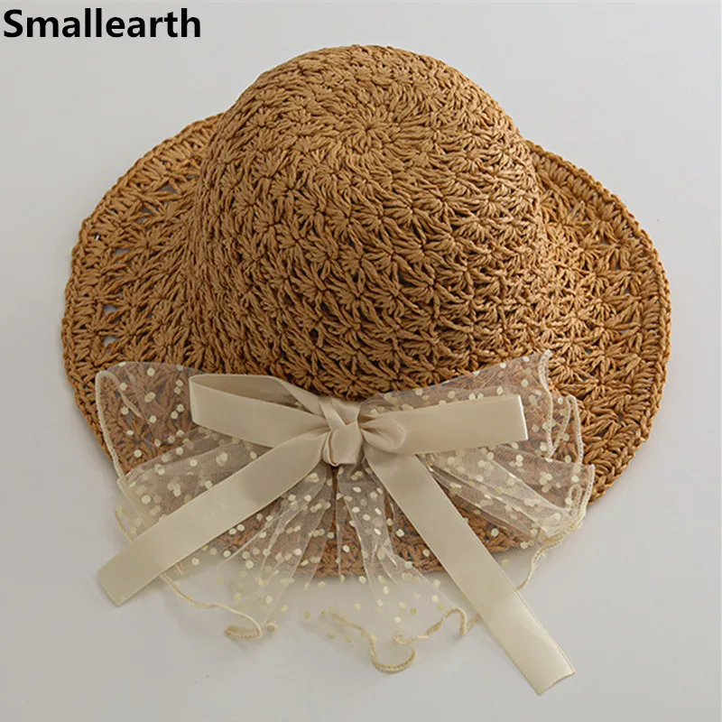 

Шляпа детская соломенная, модная Панама с кружевом и бантом, Пляжная шапка от солнца для маленьких принцесс, летняя