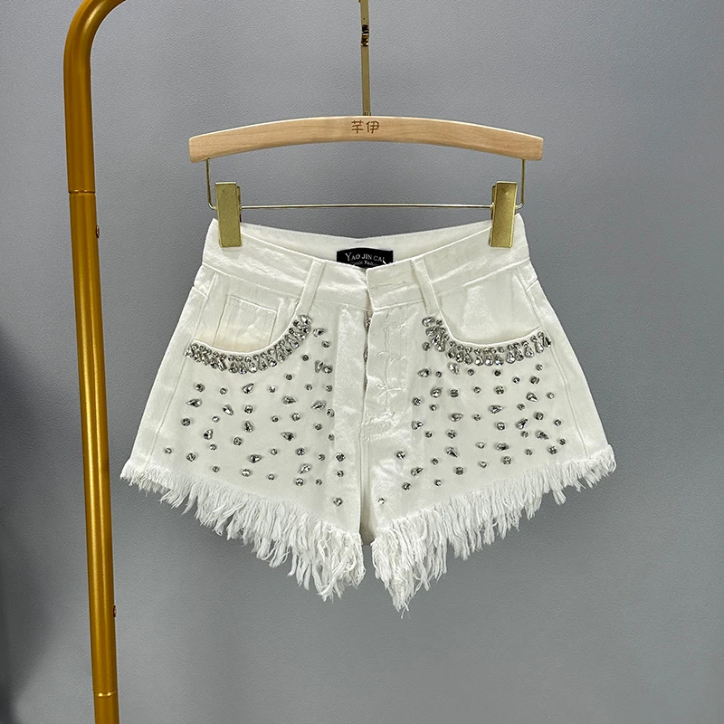 European Sexy Raw Edge Denim Shorts Women Summer 2023 New High Waist Single-Breasted Slim Diamond-Embedded Wide-Leg Short Pants