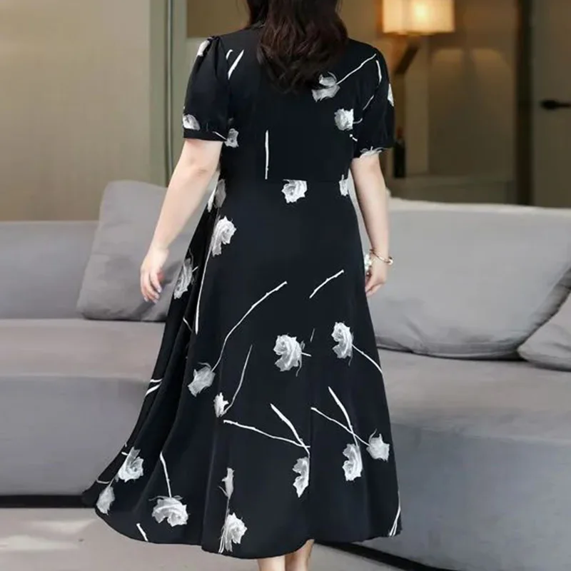 Plus Size Women's Summer New Short Sleeve A-line Dresses Prairie Chic Floral Printing Round Neck Black Loose Ankle-Length Dress