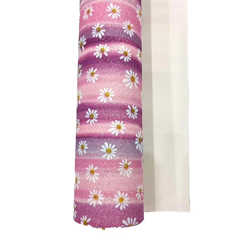 

Daisy Flower Colorful Printed Rainbow Fine Glitter Faux Leather Fabric Sheet for Shoe/Bag/Decoration/DIY Accessories