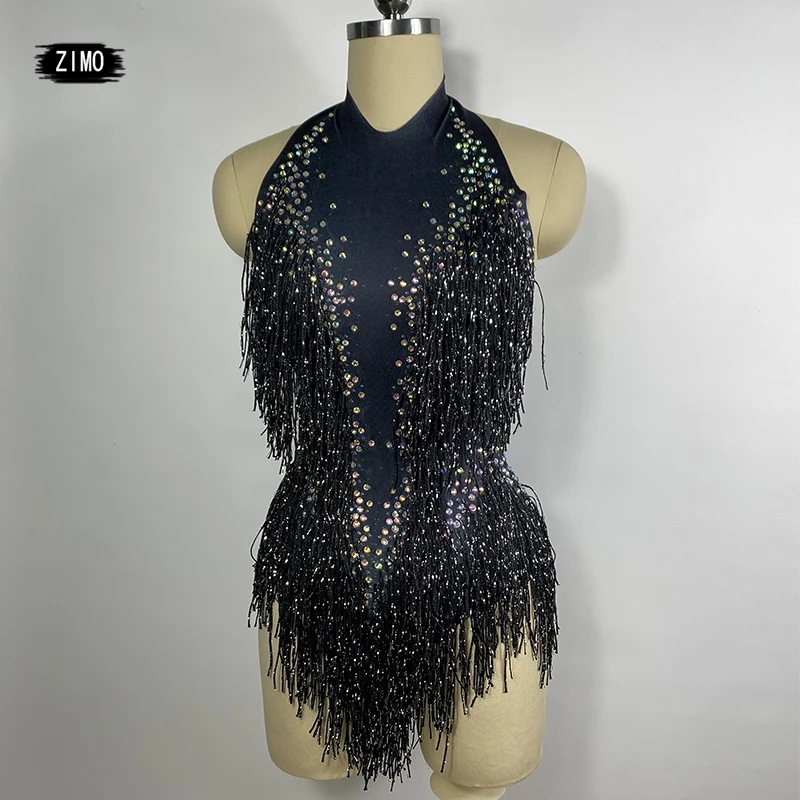 

Соблазнительное боди Стразы для сценического танца, ночной клуб, DJ DS, танцевальная клубная одежда, черное эластичное трико с кисточками, жен...