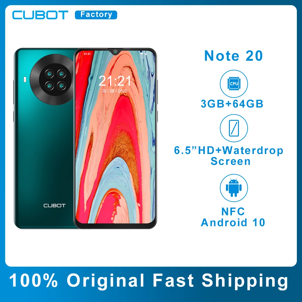Original Cubot Note 20 NFC 3GB RAM 64GB ROM Smartphone 6.5'' HD+ Display  Android 10 Dual SIM 4G LTE Face ID