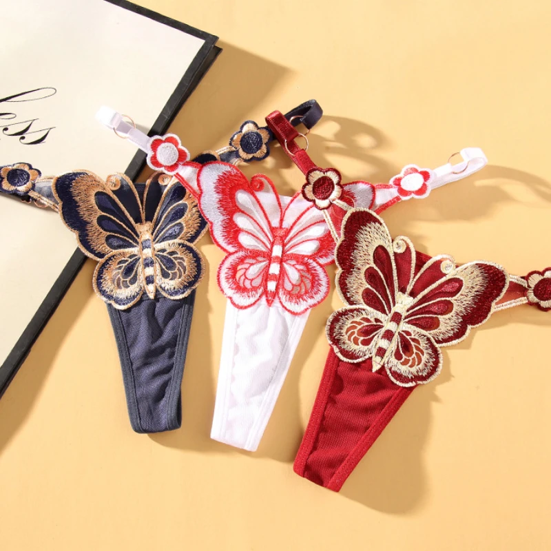 

Cute Butterfly Embroidery Women Thongs and G Strings Sexy Transparent Mesh Briefs Adjustable Waist Panties Culotte Femme