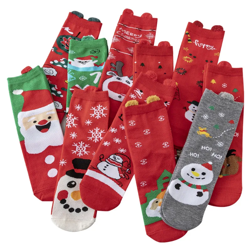 Women's Cotton Cartoon Christmas Stockings Funny Halloween Tube Socks Three-Dimensional Ears New Year Socks Red Socks
