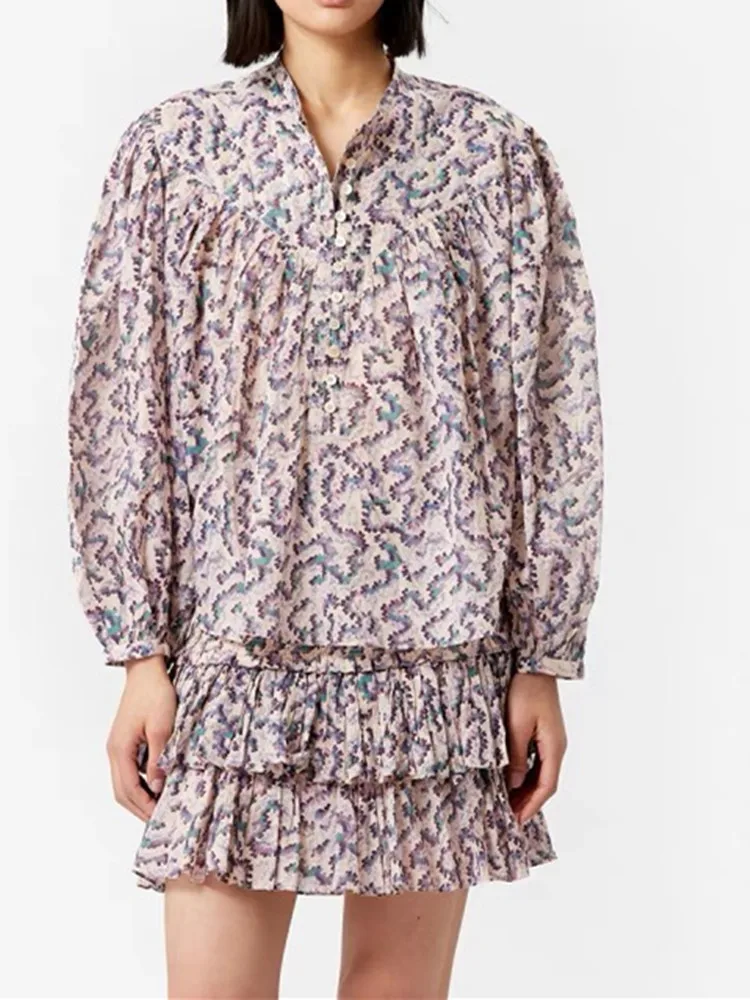 100% Cotton Women Retro Print Shirt 2022 Autumn O-neck  Long Lantern Sleeve Loose Female Blouse with Buttons