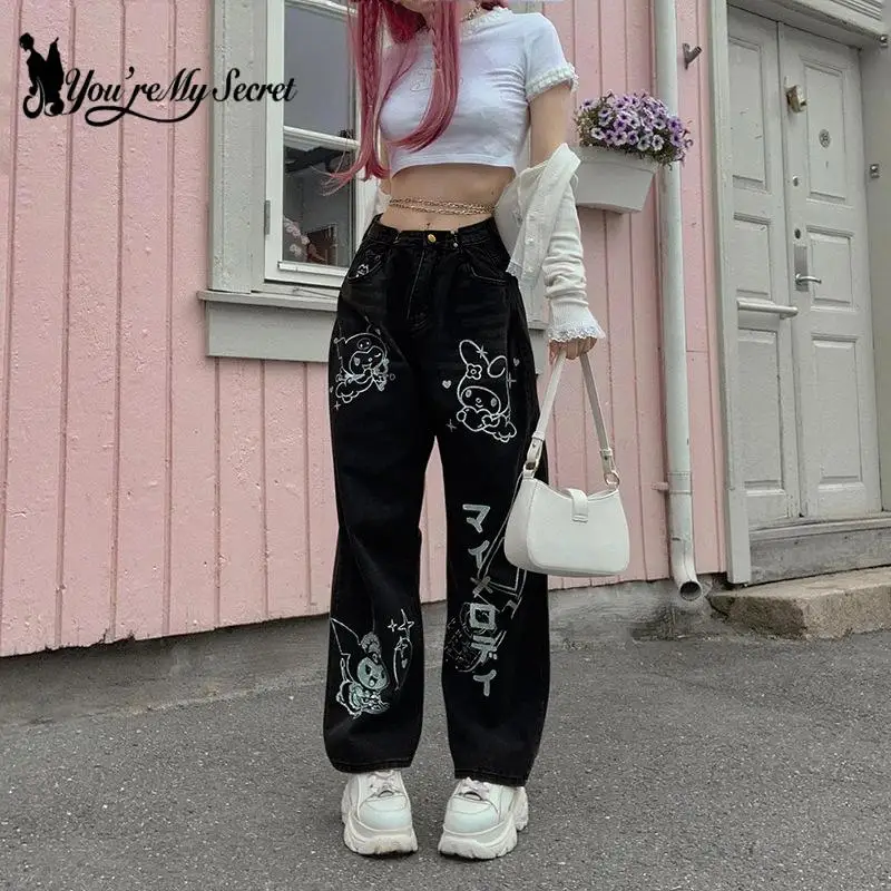 

[You're My Secret] Dark Gothic College Kulomi Print Jeans 2022 new Autumn and Winter Black Casual Cargo Wide Leg Long Pants