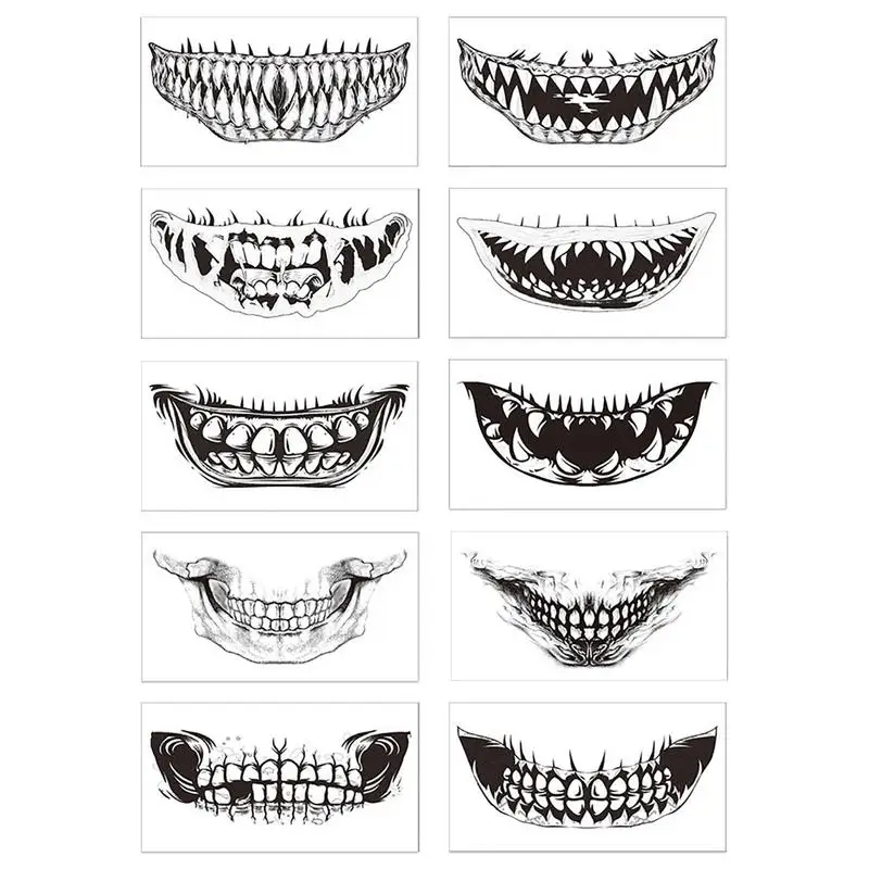 

Временные татуировки на Хэллоуин, наклейки, 10 шт., черные реквизиты для вечеринки на Хэллоуин, страшные зубы, строительные принадлежности дл...