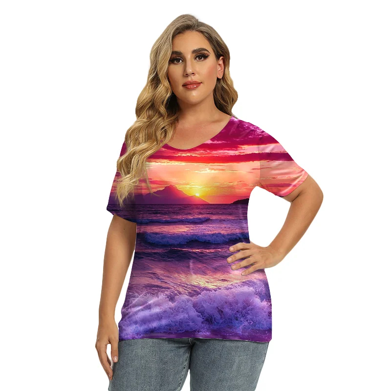 

Zomer Dames Creatief Strandlandschap 3D Afdrukken T-shirt Ronde Hals T-shirt Dames Casual Top