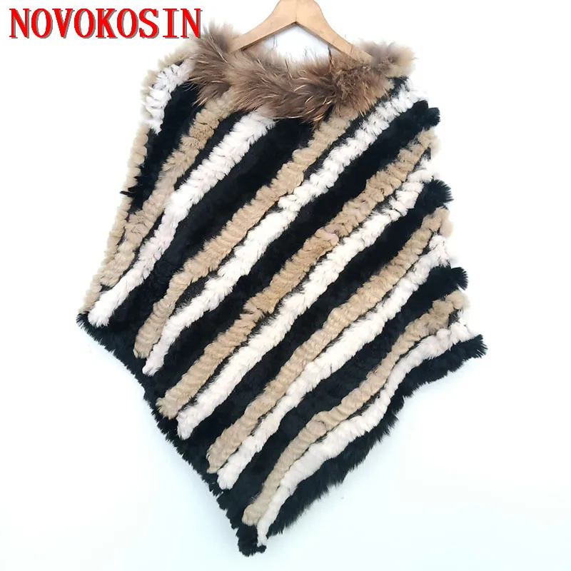 Women Knitted Striped Rabbit Fur Poncho Winter Warm Shawl Coat Fashion Raccoon Neck Batwing Sleeve Pullover Out Streetwear Capes