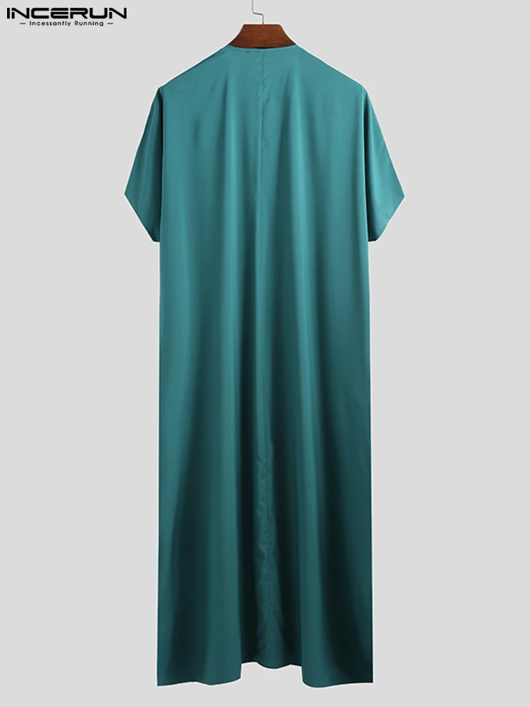 INCERUN Muslim Kaftan Style Men's Robe Half Sleeve Crew Pullover Solid Breathable Abaya Arab Hombre Lounge Gown Masculina Robes