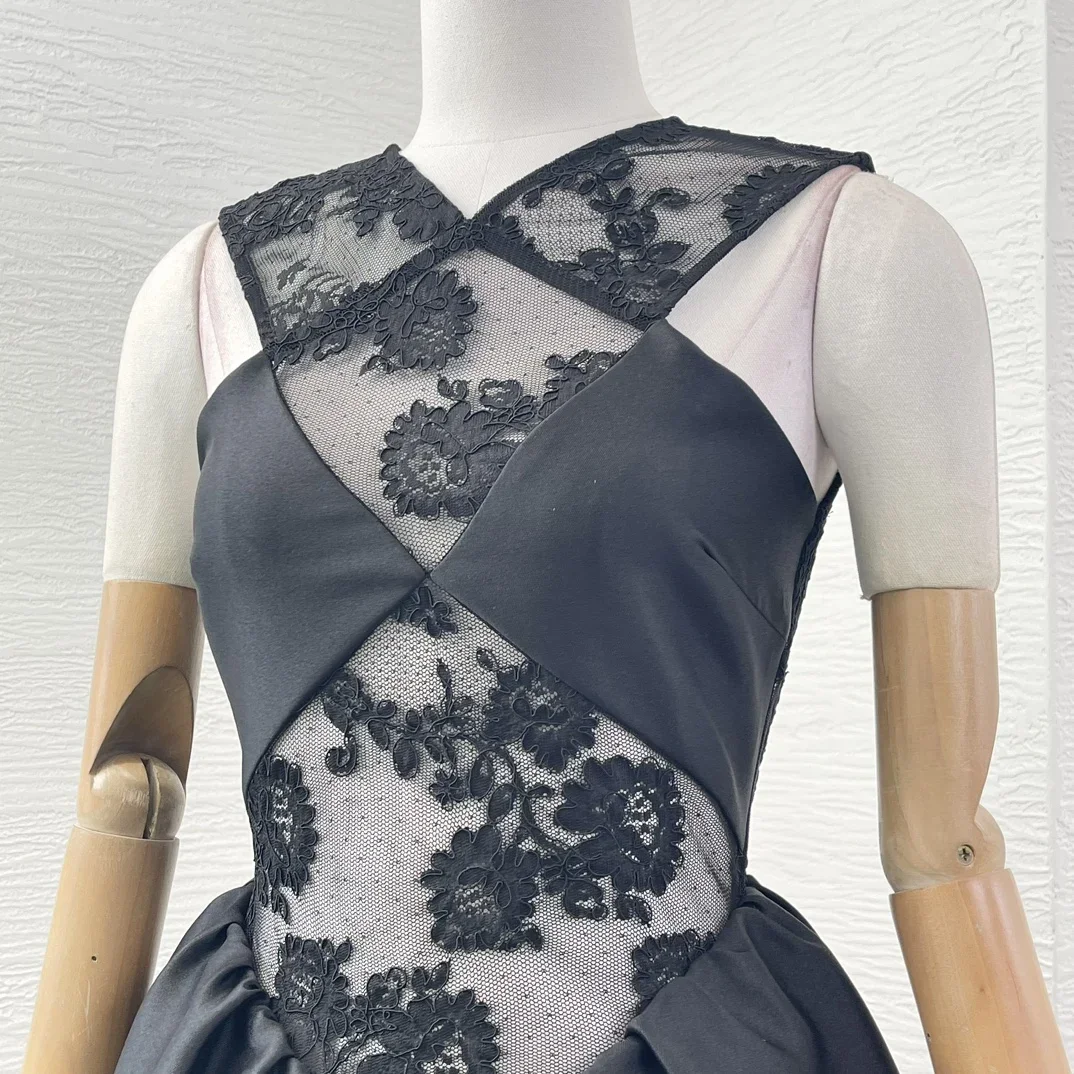 Новые поступления черное кружевное лоскутное платье без рукавов высшего