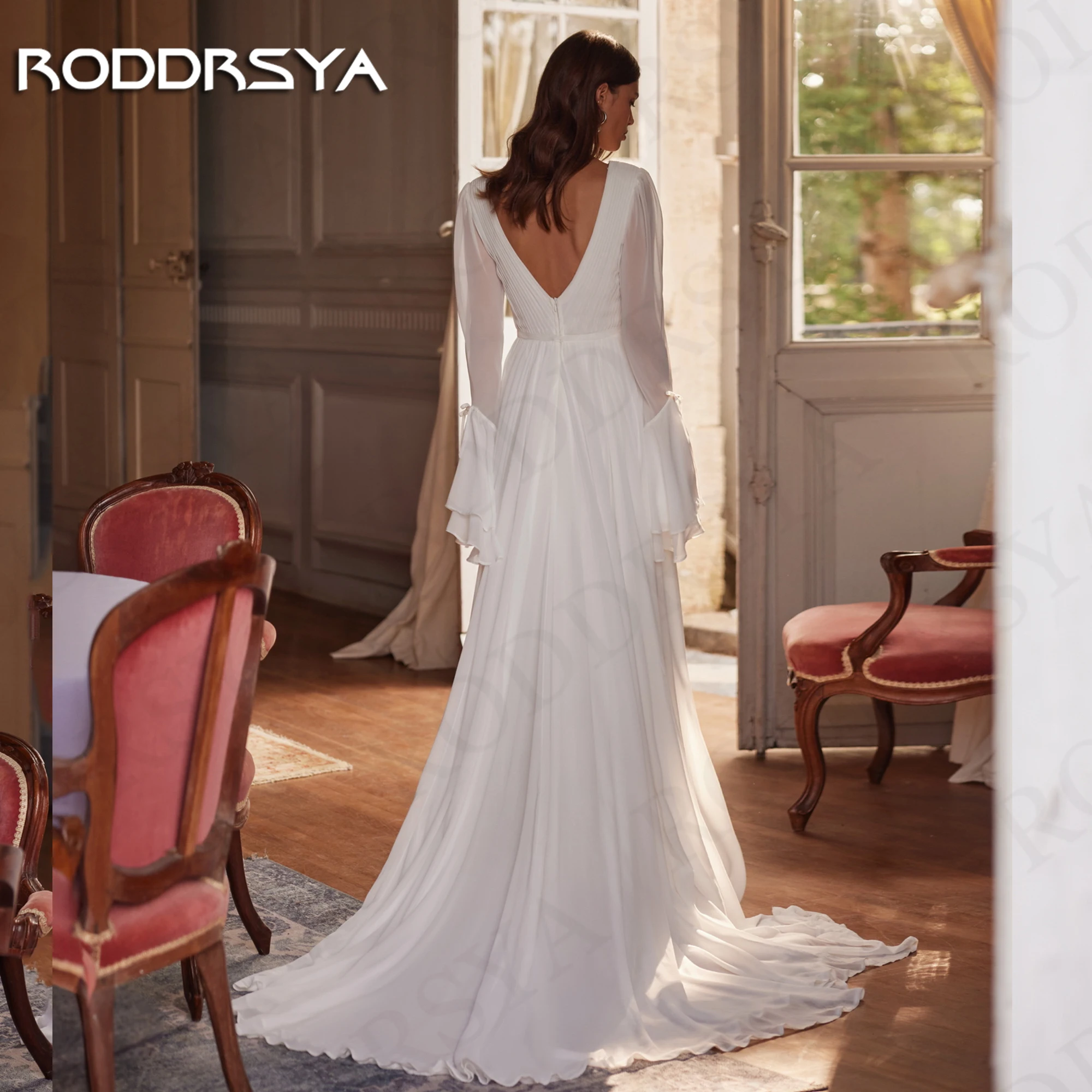 Фото Женское шифоновое платье RODDRSYA с длинным рукавом с открытой спиной Женское свадебное платье с длинными рукавами простое шифоновое свадебное №2