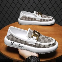 2022 new canvas loafers fashion check print casual flats mens metal decoration trend mens loafers comfortable slip on