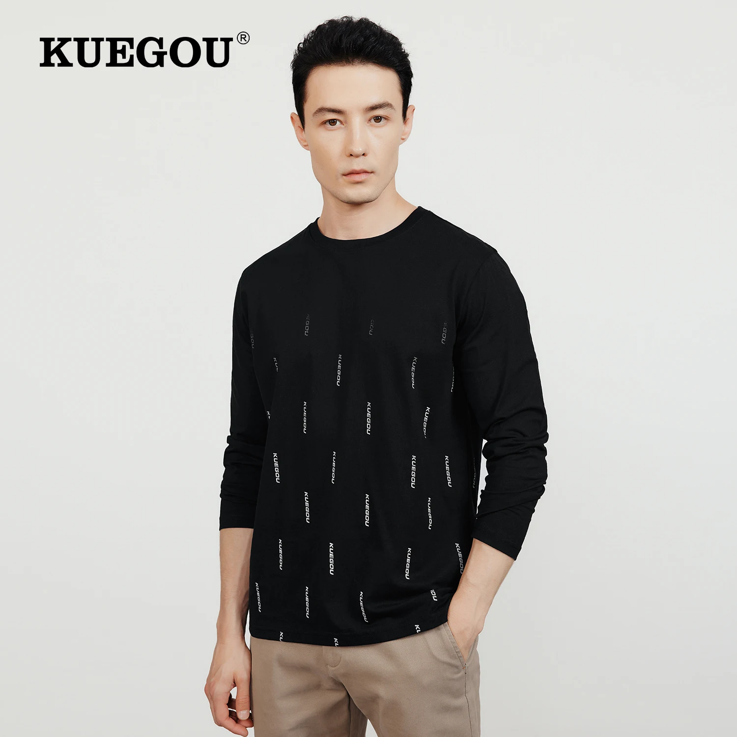 

KUEGOU 100% хлопковая графическая футболка для мужчин, винтажная Мужская футболка с длинным рукавом, мужская мода, Корейская 2022, футболка большо...